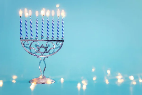 Religion Image Jewish Holiday Hanukkah Background Menorah Traditional Candelabra Candles — Stock Photo, Image