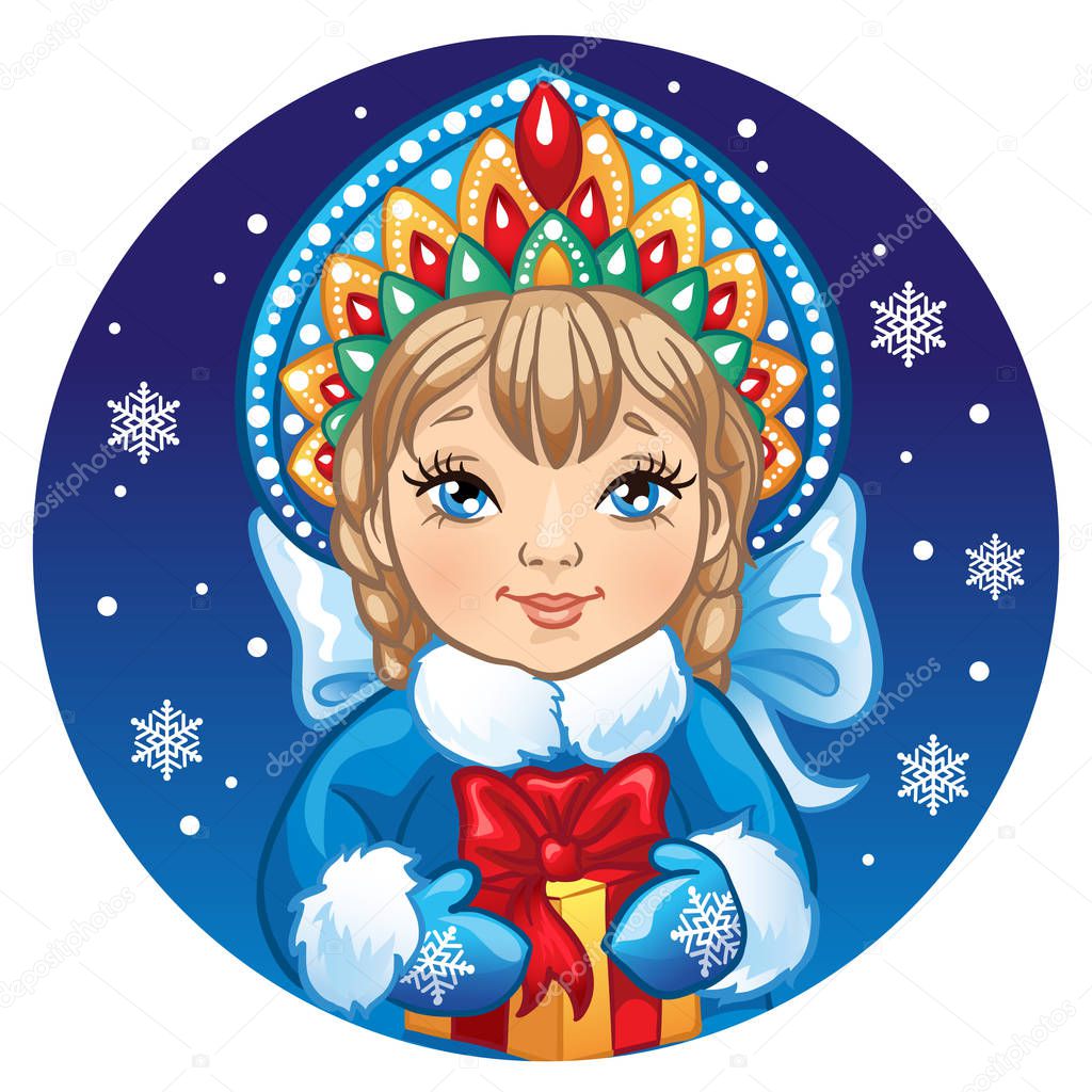 Portrait of Russian Snow Maiden with a gift. Vector illustration on a round with snowflakes. Icon traditional New Year character Snegurochka.