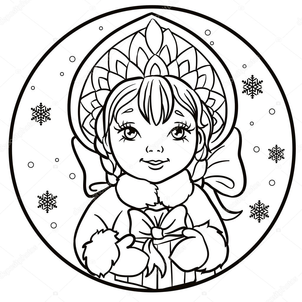 Portrait of Russian Snow Maiden with a gift. Vector illustration on a round with snowflakes. Icon traditional New Year character Snegurochka. Outlined for coloring book.