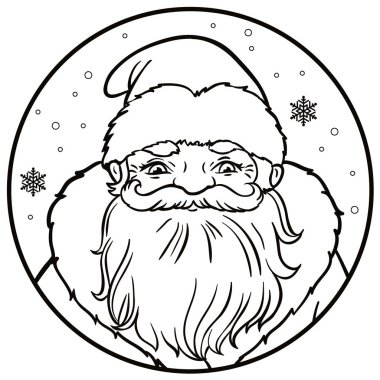 Rus Noel Baba portresi. Bir turda kar taneleri ile vektör çizim. Simge geleneksel yeni yıl karakter. Boyama kitabı için özetlenen.