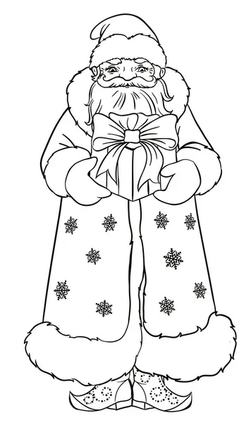 Papá Noel ruso con un regalo. Abuelo Frost. Delineado para colorear libro . — Archivo Imágenes Vectoriales