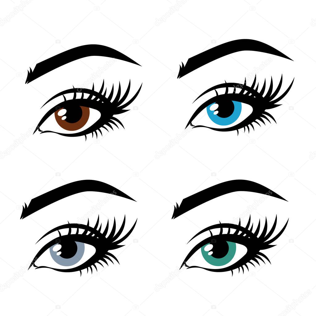 Illustration of woman's eyes with a multi-colored iris, brown, blue, gray, green. Contact lenses, vision. Idea for business visit card, typography vector. Perfect salon look. 