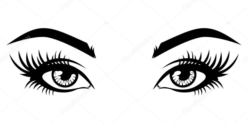Illustration of woman's sexy luxurious eye with eyebrows and full lashes. Idea for business visit card, typography vector.