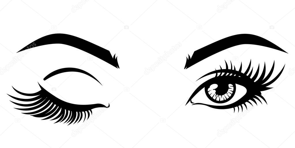 Eyelash extension logo. Vector illustration, with closed and open eyes with long eyelashes for beauty salon