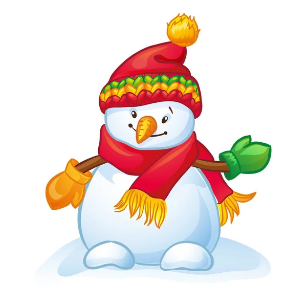 Cartoon Snowman with hat, scarf and mittens. — Stock Vector