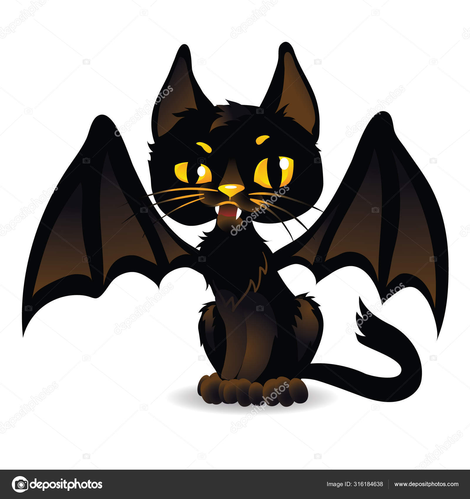 Halloween black cat with bat wings. Cartoon style. Isolated