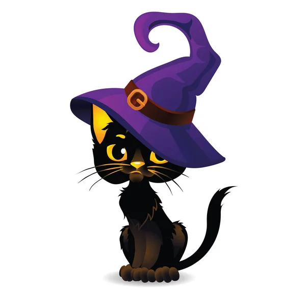 Gato preto de Halloween sério com um chapéu de bruxa. Estilo dos desenhos animados . —  Vetores de Stock