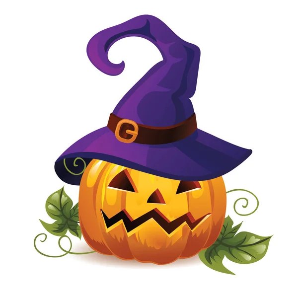 Zucca di Halloween con un cappello da strega. Stile cartone animato . — Vettoriale Stock