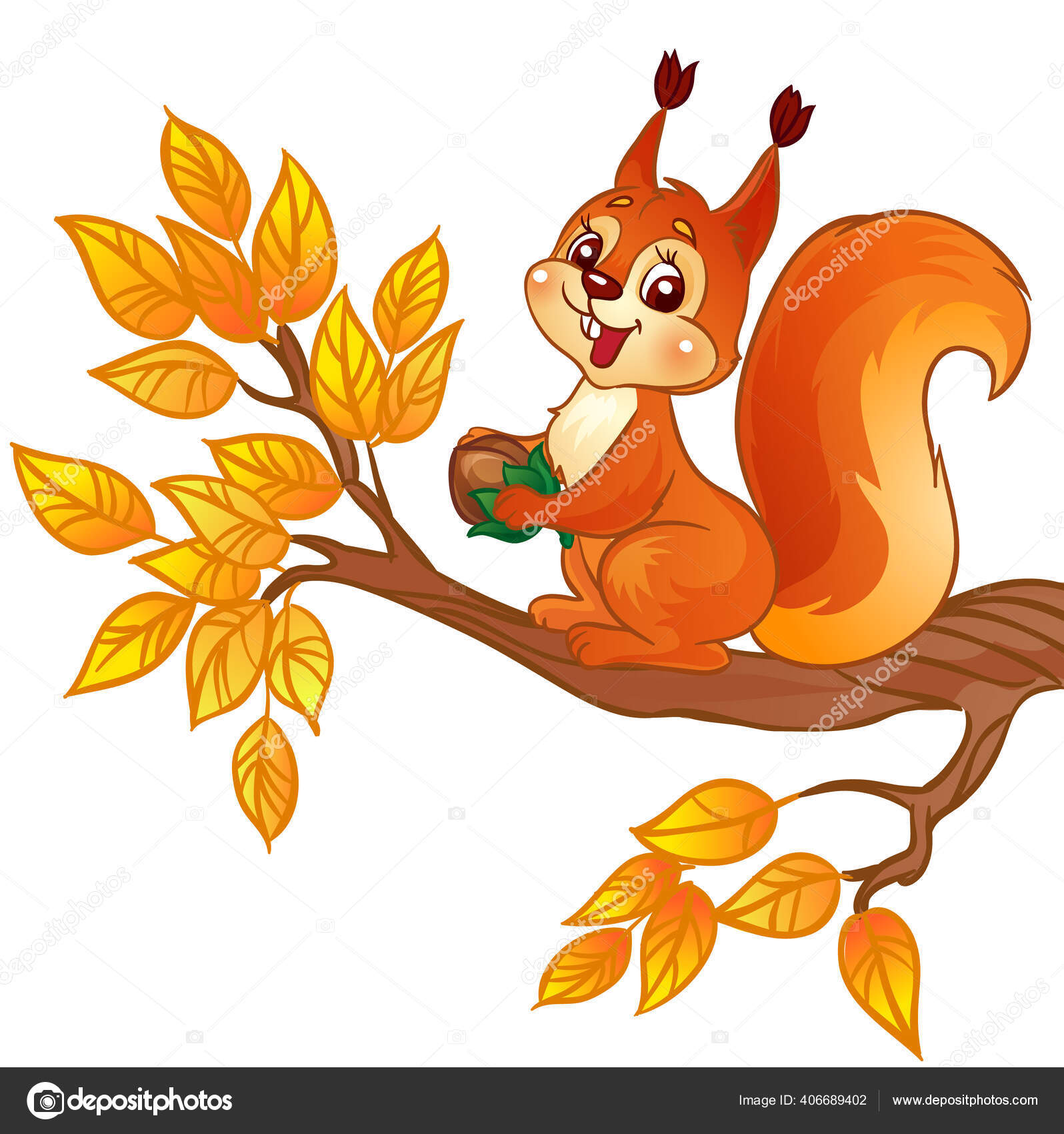 Cute cartoon squirrel with a nut sitting on autumn branch. Stock Vector  Image by ©efoxly #406689402