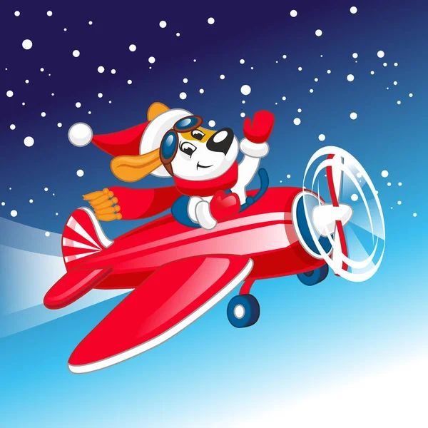 Cute puppy flies on an airplane in a Santa Claus hat. — Stock Vector