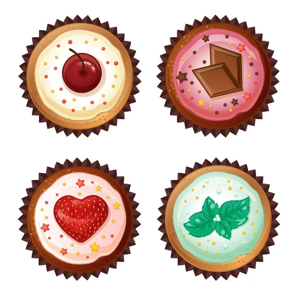 Vektor-Cupcakes mit Kirschen, Schokolade, Erdbeeren und Minze. — Stockvektor