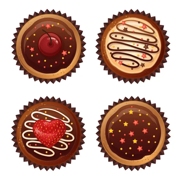 Set of vector chocolate cakes with cherries, strawberries and sprinkles. — Stock Vector