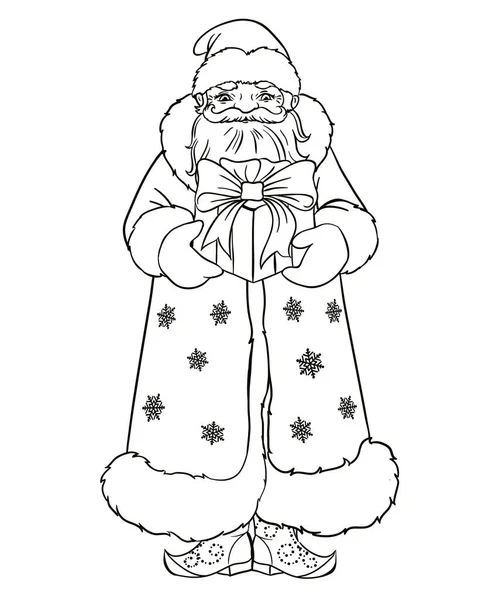 Russian Santa Claus with a gift. Outlined for coloring book. — Stock Vector