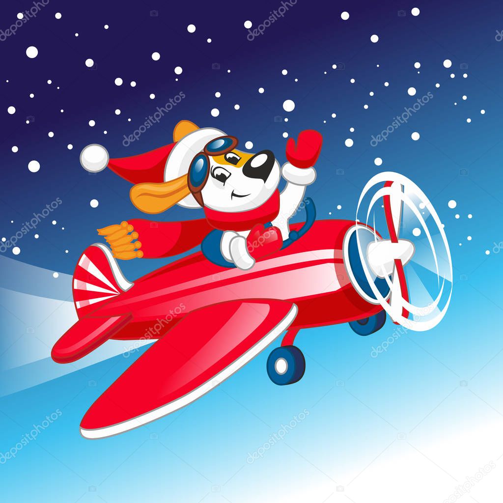 Cute puppy flies on an airplane in a Santa Claus hat.