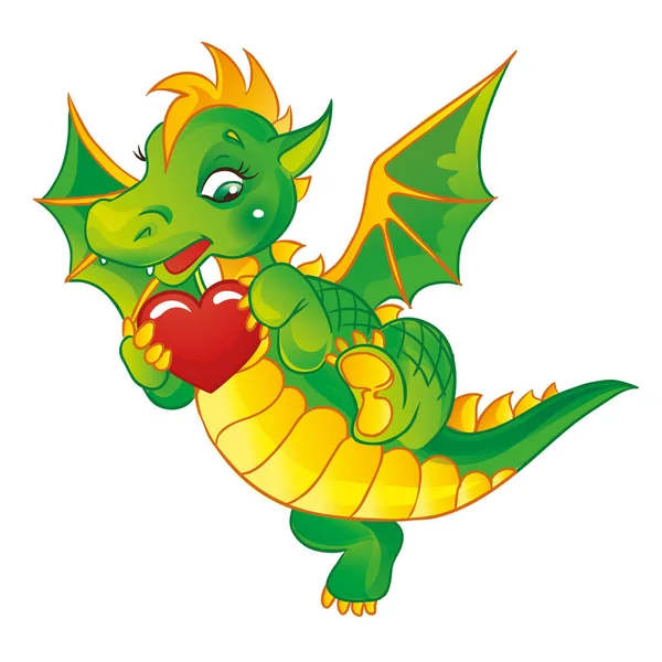 Cute little dragon in love flies and holds a heart. Stock Illustration