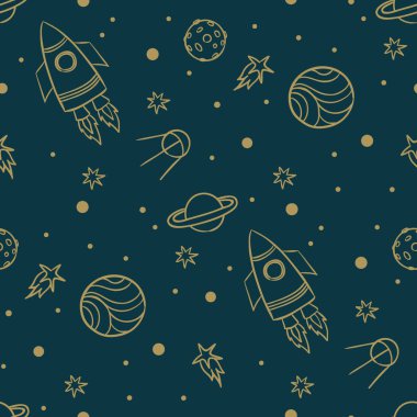 Kusursuz uzay deseni. Gezegenler, roketler ve yıldızlar.