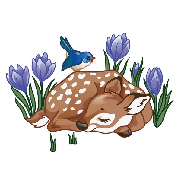 Mavi Kuşlu Çiçekli Tatlı Uyuyan Geyikli Vektör Çizimi Beyaz Arkaplanda — Stok Vektör
