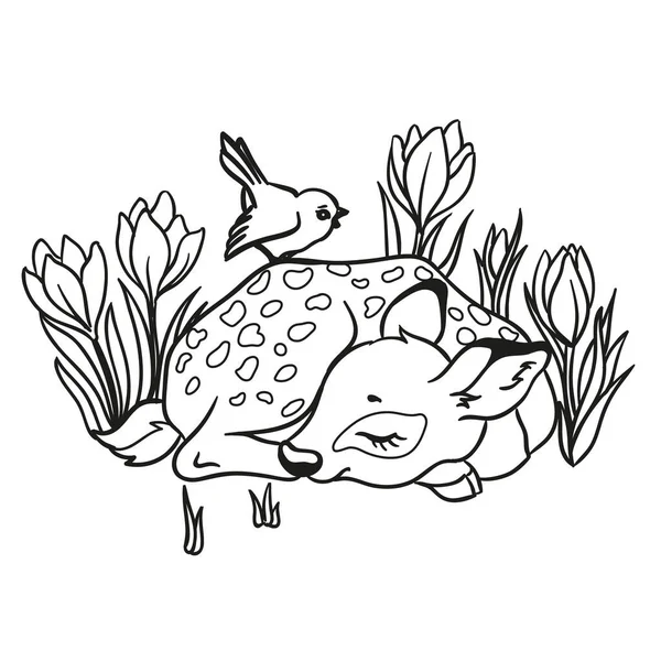 Ilustracja Wektor Cute Jelenia Snu Niebieskim Ptakiem Kwiatami Odizolowany Białym Wektory Stockowe bez tantiem