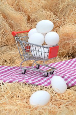 Alışveriş sepeti ile saman ile damalı masa örtüsü üzerinde yumurta