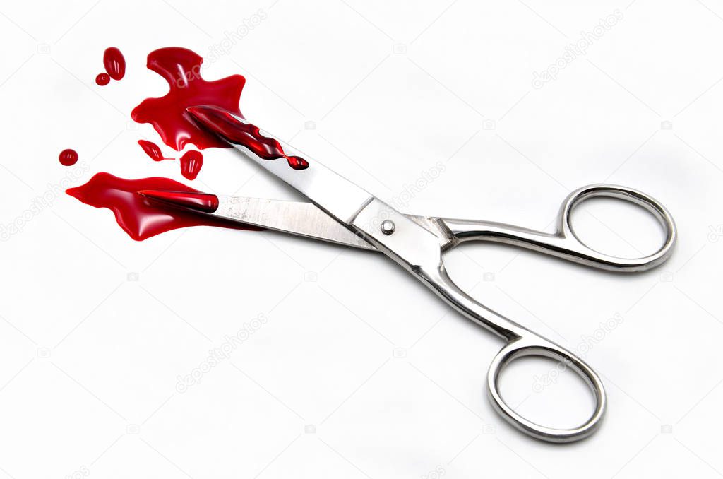  scissor with blood on white background
