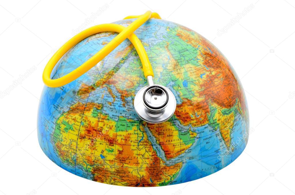 earth globe with stethoscope on white background