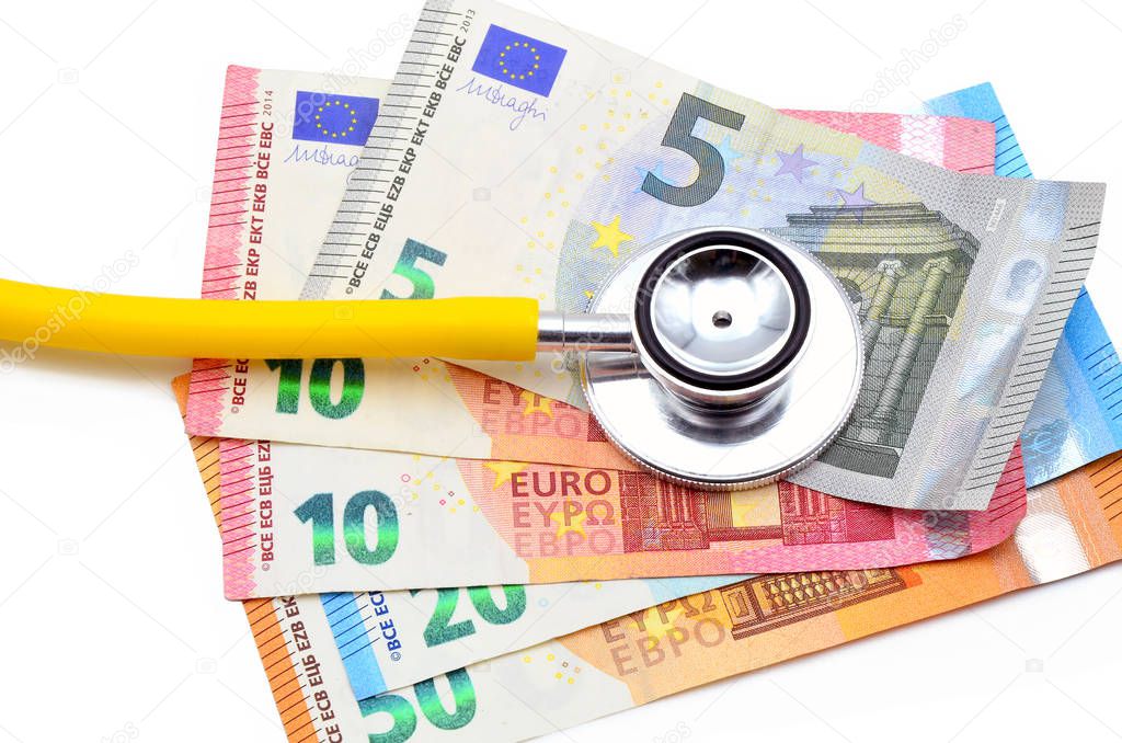 stethoscope with europian  money notes close up