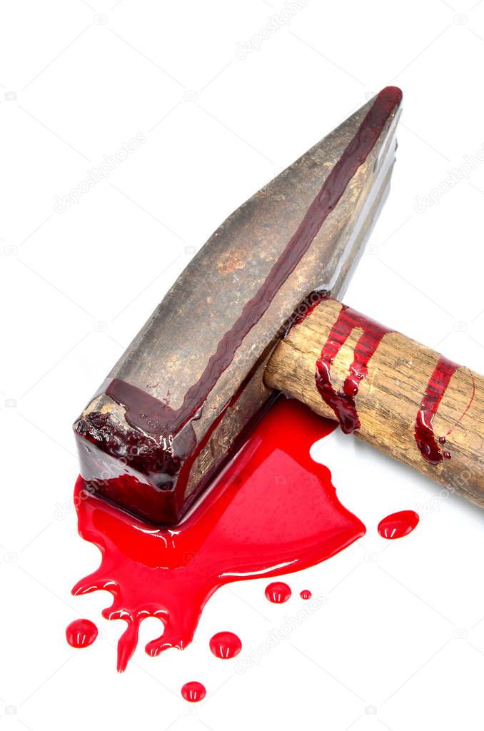 hammer with blood on white background close up