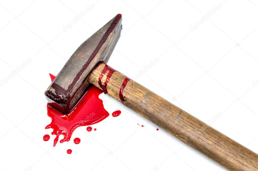 hammer with blood on white background