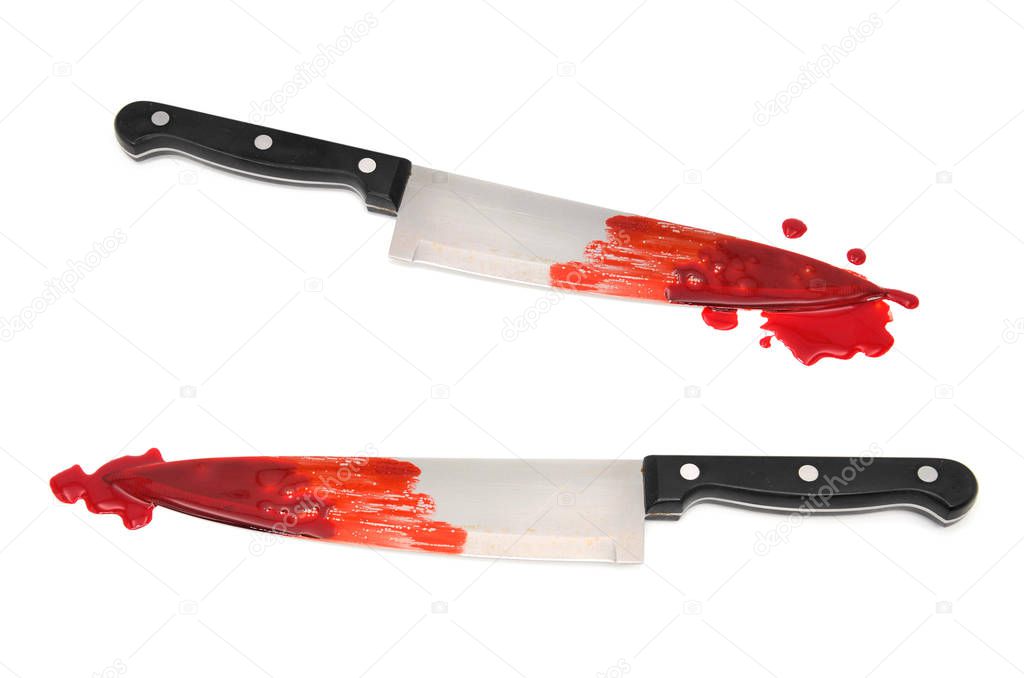 bloody kitchen knive on white background
