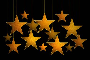 Siyah üzerine altın 3D yıldızlar asılı. 