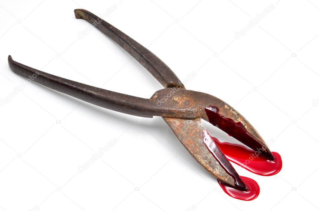 rusty cutter tongue with blood on white background