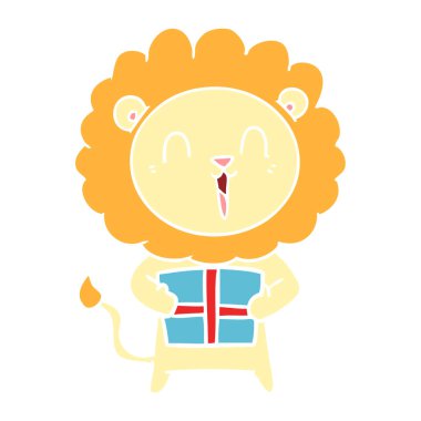 aslan düz renk stil karikatür Noel hediyesi ile gülüyor