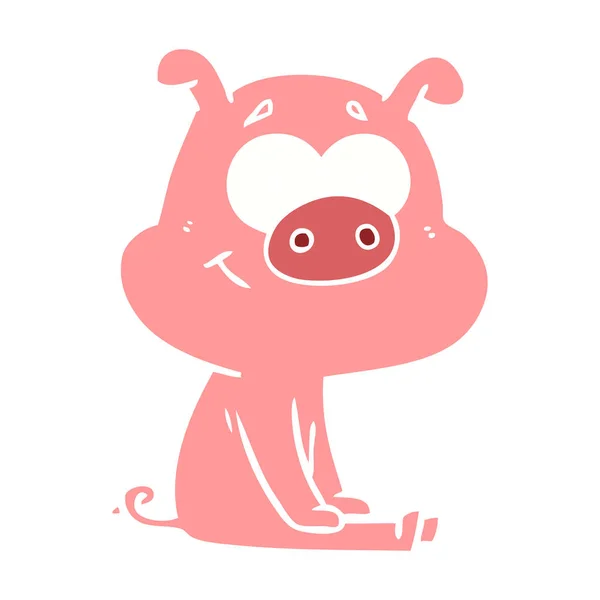 Szczęśliwy Płaski Kolor Stylu Cartoon Świnia Siedzi — Wektor stockowy