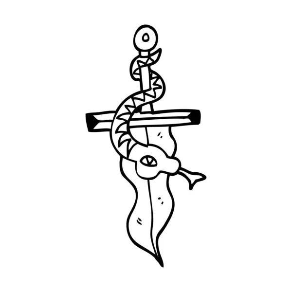 Line Drawing Cartoon Tattoo Dagger Symbol — Stock Vector