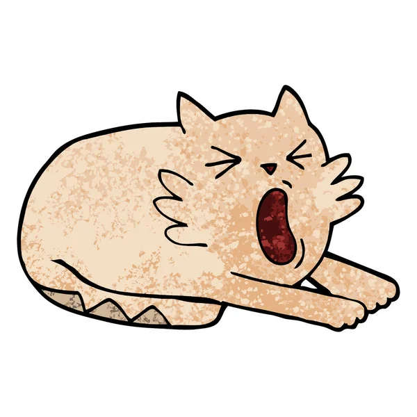 Grunge Textured Illustration Cartoon Yawning Cat — стоковый вектор