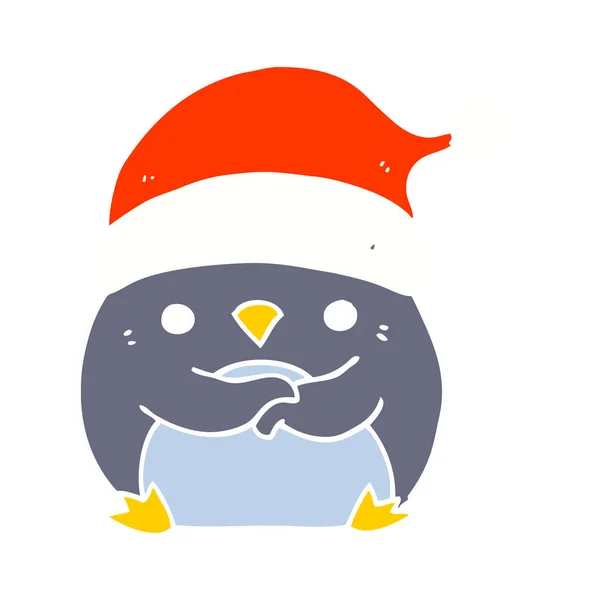 Bonito Estilo Cor Plana Desenho Animado Pinguim Vestindo Chapéu Natal — Vetor de Stock