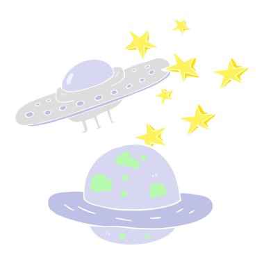 uçan daire ve gezegen düz renkli çizimi