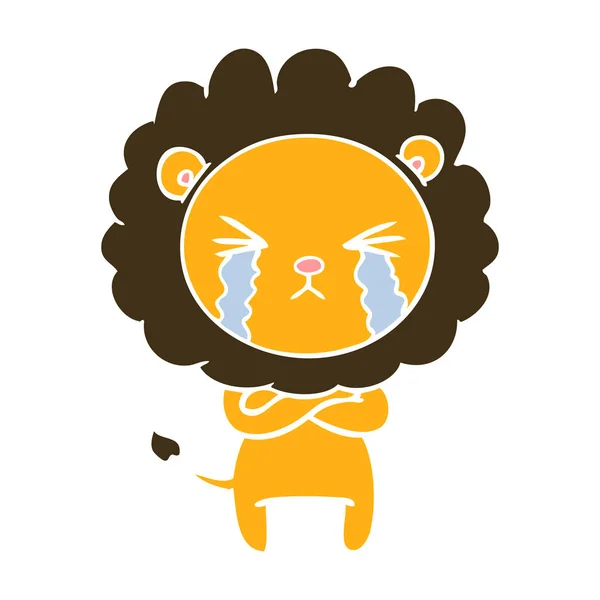 Flat Color Style Cartoon Crying Lion Crossed Arms — Stock Vector