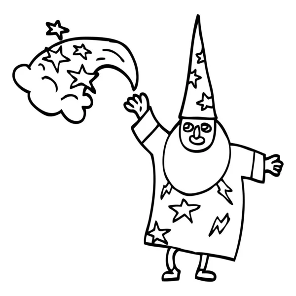 Line Drawing Cartoon Wizard Casting Spell — Stock Vector