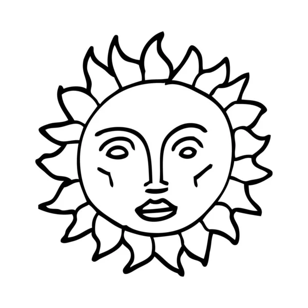 Line Drawing Cartoon Traditional Sun Face — Stock Vector