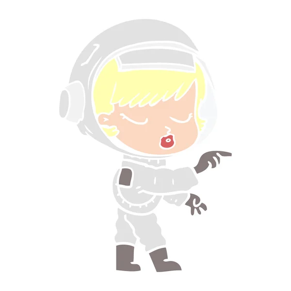 Plat Couleur Style Dessin Animé Jolie Astronaute Fille Pointant — Image vectorielle