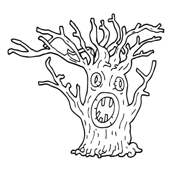 Line Drawing Cartoon Spooky Tree — Stock Vector