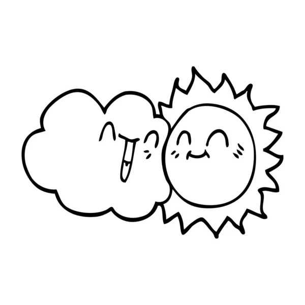 Lijntekening Cartoon Gelukkig Zon Wolk — Stockvector