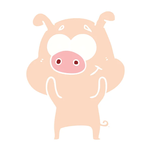 Happy Flat Color Style Cartoon Pig — Stock Vector