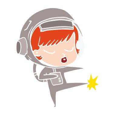 düz renk tarzı çizgi film güzel astronot kız karate tekme