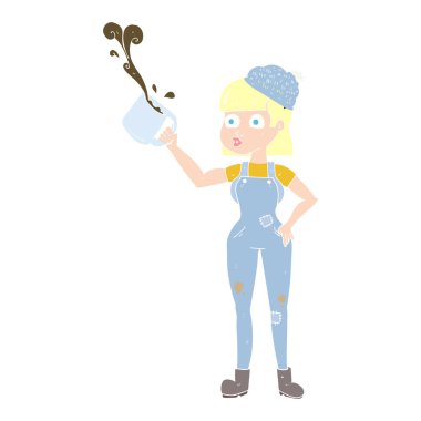 kadın işçi kahve kupa ile düz renkli çizimi