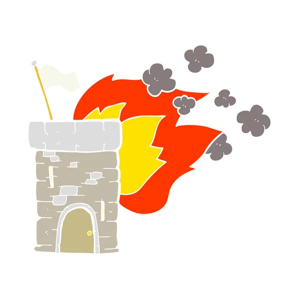 Flat Color Illustration Burning Castle Tower — Stock Vector