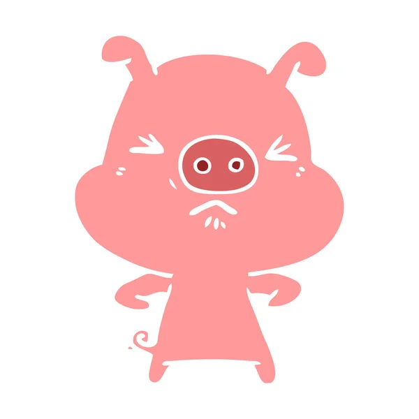 Flat Color Style Cartoon Angry Pig — Stock Vector