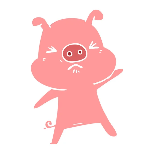 Color Plano Estilo Dibujos Animados Cerdo Enojado — Vector de stock