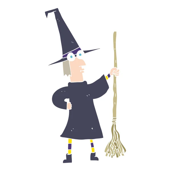 巫婆与扫帚的扁平颜色例证 — 图库矢量图片